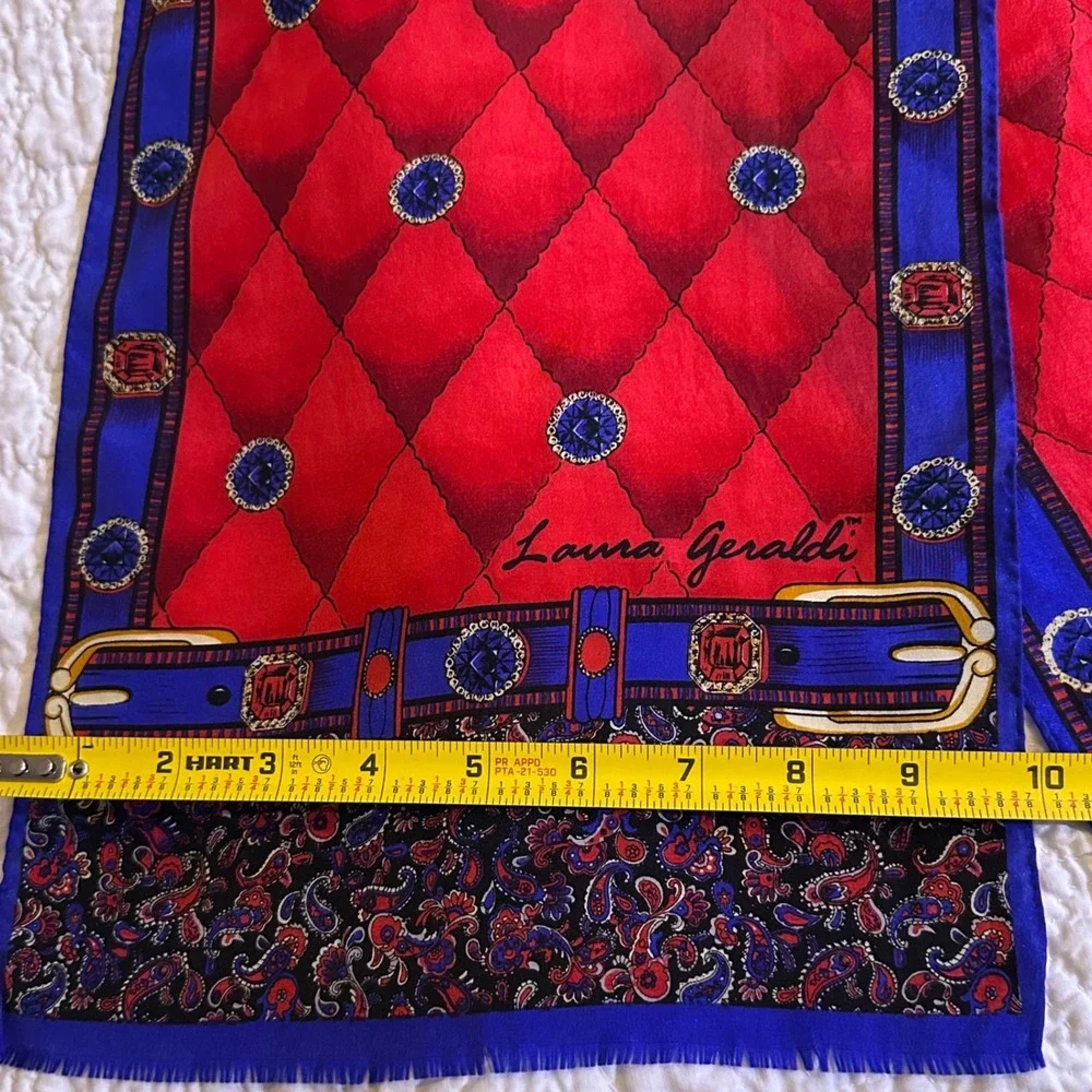 Laura Geraldi Silk Scarf Red Blue Equestrian Paisley Jewel Print Fringed Oblong